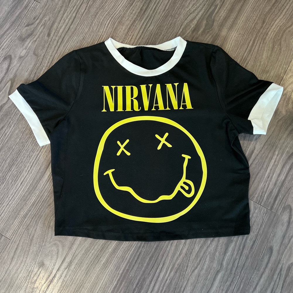 NWT Nirvana Black and Yellow Graphic ringer baby Tee Sz XL